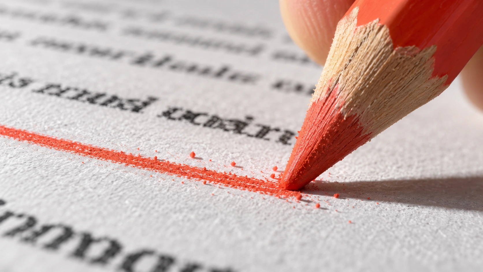 A coral pencil drawing an underline across a printed page in extreme close-up